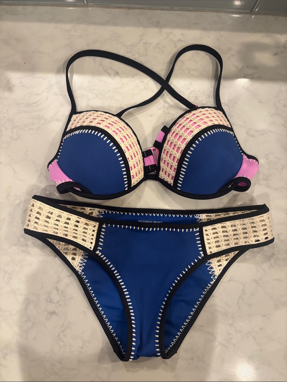 Victoria's Secret Blue Crochet-Trim Bikini with Pink Accents- 34D top M bottoms